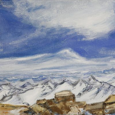 Right side - View South from Summit of Mont Thabor - oil on canvas 31 x 112cm started 2023 