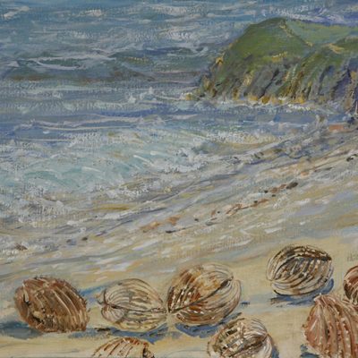 shells beach coast oil painting